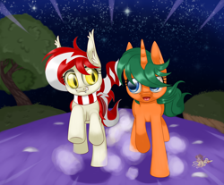 Size: 966x800 | Tagged: safe, artist:unisoleil, oc, oc only, oc:glimmer shield, oc:red-white flash, bat pony, pony, unicorn, clothes, female, mare, running, scarf