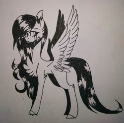 Size: 2357x2336 | Tagged: safe, artist:huirou, oc, oc only, pegasus, pony, chest fluff, crying, female, mare, monochrome, solo, traditional art