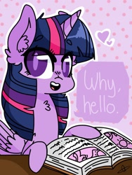 Size: 1024x1365 | Tagged: safe, artist:itomboy, artist:tinted--princess, twilight sparkle, twilight sparkle (alicorn), alicorn, pony, adorkable, beanbrows, book, chest fluff, colored pupils, cute, dialogue, dork, ear fluff, eyebrows, female, fluffy, greeting, heart, hello, looking at you, mare, solo, twiabetes