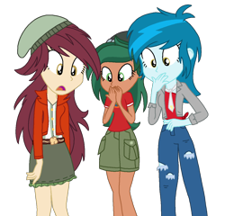 Size: 1196x1148 | Tagged: safe, artist:mlprocker123, forest pine, normal norma, normal norman, thunderbass, timber spruce, equestria girls, legend of everfree, blu lightning, clothes, equestria guys, female, implied transformation, jacket, looking down, necktie, rule 63, shirt, simple background, skirt, transformation, transgender transformation, transparent background, trio