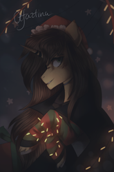 Size: 2193x3327 | Tagged: safe, artist:orfartina, pony, unicorn, christmas lights, clothes, hat, santa hat, socks, solo, striped socks