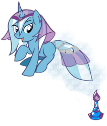 Size: 2665x3139 | Tagged: safe, artist:philsterman, oc, oc only, oc:soul stream, genie pony, pony, unicorn, blank flank, bottle, curved horn, floating, genie, horn ring, smiling, solo, tail wrap, veil