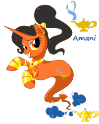 Size: 800x1000 | Tagged: safe, artist:yokokinawa, oc, oc only, oc:amani, genie pony, pony, unicorn, adoptable, armband, ear piercing, genie, jewelry, lamp, necklace, piercing, ponytail, smiling, smoke, solo, sparkles