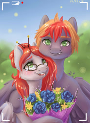 Size: 1400x1900 | Tagged: safe, artist:alina-sherl, oc, oc only, pegasus, pony, blushing, bouquet, crying, female, flower, glasses, green eyes, hair bun, happy, looking at you, male, mare, photo, signature, smiling, stallion, tears of joy