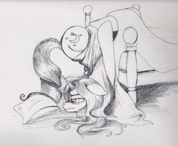 Size: 2053x1688 | Tagged: safe, artist:scribblepwn3, oc, oc only, oc:midnight scribbler, pony, unicorn, awkward moment, bed, horn ring, monday, monochrome, pen drawing, solo, tangled up, traditional art