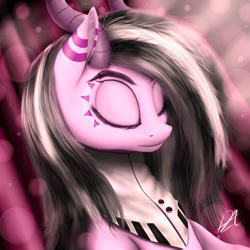 Size: 3000x3000 | Tagged: safe, artist:syntaxartz, oc, oc only, oc:musica ink, succubus, bust, eyes closed, messy mane, monochromacat, pink, portrait, simple background, sleeping, solo