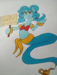 Size: 2448x3264 | Tagged: safe, artist:evyxhearts, oc, oc only, oc:kaliyah, genie pony, armband, gem, genie, lamp, sign, solo, traditional art, waistband