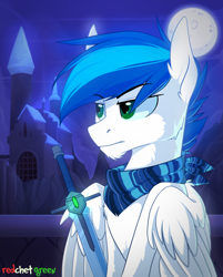 Size: 1500x1864 | Tagged: safe, artist:redchetgreen, oc, oc only, pegasus, pony, bandana, blue hair, castle, commission, full moon, green eyes, male, moon, night, serious, serious face, solo, stallion, sword, weapon