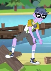 Size: 237x332 | Tagged: safe, screencap, microchips, equestria girls, legend of everfree, background human, clothes, converse, glasses, pier, shoes, shorts, sneakers, socks, solo