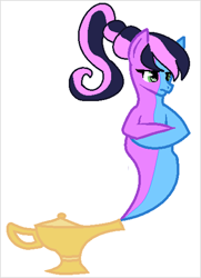 Size: 734x1016 | Tagged: safe, artist:midnightiullisions, oc, oc only, oc:gigi eden, genie pony, crossed hooves, genie, lamp, ponytail, solo