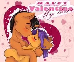 Size: 1023x866 | Tagged: dead source, safe, artist:freckleplant, oc, oc only, pony, unicorn, blushing, female, heart, kissing, male, oc x oc, shipping, straight, valentine's day