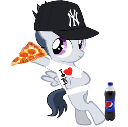 Size: 699x696 | Tagged: safe, artist:jawsandgumballfan24, rumble, pegasus, pony, bipedal, clothes, food, hat, i love new york, meat, new york yankees, pepperoni, pepperoni pizza, pepsi, pizza, shirt, simple background, soda, solo, t-shirt, transparent background, yankees
