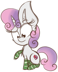 Size: 800x1000 | Tagged: safe, artist:pastelhorses, sweetie belle, pony, unicorn, chest fluff, clothes, confused, cutie mark, female, filly, sitting, socks, solo, striped socks, the cmc's cutie marks