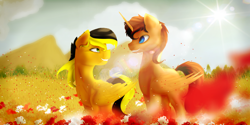 Size: 4000x2000 | Tagged: safe, artist:isorrayi, oc, oc only, oc:courageous heart, oc:yellow jacket, pegasus, pony, female, flower, male, mare, oc x oc, shipping, stallion, straight, sun