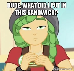 Size: 500x476 | Tagged: safe, edit, edited screencap, screencap, sandalwood, equestria girls, rainbow rocks, cropped, food, image macro, meme, sandwich, solo