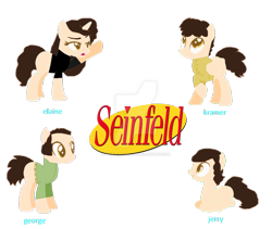 Size: 1024x865 | Tagged: safe, artist:mixelfangirl100, artist:selenaede, base used, cosmo kramer, elaine, elaine benes, george, george costanza, jerry, jerry seinfeld, kramer, lidded eyes, looking up, open mouth, ponified, prone, raised hoof, seinfeld, simple background, smiling, transparent background, watermark