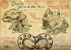 Size: 1023x724 | Tagged: safe, artist:h-stallionwolf, changeling, bill cipher, blind eye, changeling kingdom, concept art, elements of harmony, forest, gravity falls, horseshoes, house, houses, traditional art