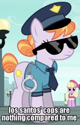 Size: 472x740 | Tagged: safe, edit, edited screencap, screencap, copper top, luckette, the gift of the maud pie, clothes, cuffs, grand theft auto, gta v, hat, image macro, meme, police pony, sunglasses