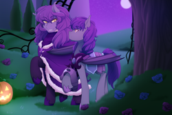 Size: 1024x683 | Tagged: safe, artist:mylittlesheepy, oc, oc only, oc:amelia, bat pony, pony, bat pony oc, cloak, clothes, duo, fangs, flower, jack-o-lantern, looking at each other, night, night guard, nightmare night, path, pumpkin, royal gardens, slit eyes, stroll