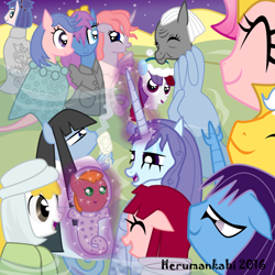 Size: 850x850 | Tagged: safe, artist:herumankahi, oc, oc only, oc:pearly, oc:tiamat, merpony, pony, sea pony, baby, baby pony, celebration