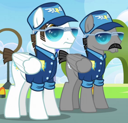 Size: 570x550 | Tagged: safe, screencap, fast clip, manerick, whiplash, pony, wonderbolts academy, background pony, clothes, cropped, duo, facial hair, hat, male, moustache, short tail, stallion, sunglasses, uniform