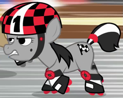 Size: 597x478 | Tagged: safe, screencap, finish line (character), pony, call of the cutie, helmet, roller skates, solo