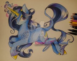 Size: 1024x811 | Tagged: safe, artist:eyesorefortheblind, oc, oc only, oc:iris, classical unicorn, pony, unicorn, leonine tail, solo, traditional art, unshorn fetlocks, watermark