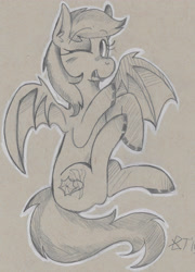 Size: 3247x4511 | Tagged: safe, artist:victorydanceofficial, oc, oc only, oc:daturea eventide, bat pony, pony, monochrome, one eye closed, solo, traditional art, wink