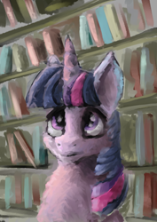 Size: 2480x3508 | Tagged: safe, artist:kingsleyrulz, twilight sparkle, pony, book, bookshelf, solo