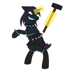 Size: 4069x4069 | Tagged: safe, artist:glacierfrostclaw, oc, oc only, oc:misery raven, bat pony, hybrid, pony, unicorn, fallout equestria, absurd resolution, female, hammer, mare, raider, simple background, sledgehammer, solo, standing up, transparent background