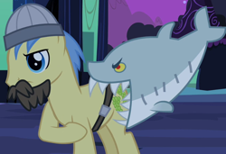 Size: 668x456 | Tagged: safe, screencap, goldengrape, sir colton vines iii, earth pony, pony, shark, luna eclipsed, clothes, costume, jumpy the shark, pointing, sailor, solo