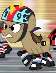 Size: 460x595 | Tagged: safe, screencap, hairpin turn, pony, call of the cutie, female, filly, helmet, roller skates, solo