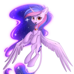 Size: 2000x2000 | Tagged: safe, artist:mp-printer, oc, oc only, oc:adelina, alicorn, pony, alicorn oc, art trade, female, flying, galaxy mane, jewelry, looking at you, mare, open mouth, peytral, simple background, smiling, solo, spread wings, transparent background