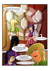 Size: 2480x3508 | Tagged: safe, artist:smilingdogz, derpibooru import, applejack, twilight sparkle, human, comic, elements of harmony, glasses, humanized