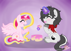 Size: 6566x4747 | Tagged: safe, artist:raspberrystudios, oc, oc only, oc:aurelia charm, oc:dusk spark, alicorn, pony, unicorn, absurd resolution, alicorn oc, cake, clothes, cute, eating, eyes closed, female, food, friends, happy, magic, male, mare, multicolored hair, nom, pointing, scarf, sitting, stallion