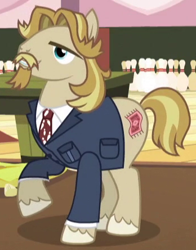 Size: 348x444 | Tagged: safe, screencap, jeff letrotski, earth pony, pony, slice of life (episode), background pony, bowling pin, clothes, male, necktie, solo, stallion, suit, the dude