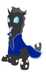 Size: 4500x7000 | Tagged: safe, artist:glacierfrostclaw, oc, oc only, oc:404, changeling, absurd resolution, changeling oc, clothes, dog tags, drone, simple background, solo, transparent background, white changeling
