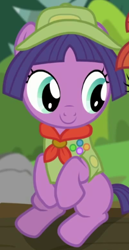 Size: 400x774 | Tagged: safe, screencap, earth pony, pony, the mane attraction, clothes, hat, lavandula, offscreen character, sitting, smiling, solo, solo focus, vest