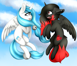 Size: 1000x856 | Tagged: safe, artist:benji-boi, oc, oc only, oc:lucibelle, oc:nova, alicorn, pony, alicorn oc, duo, female, flying, mare, red and black oc