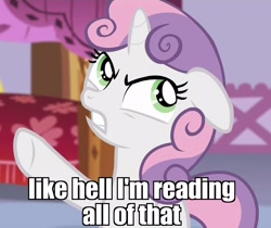 Size: 1250x1050 | Tagged: safe, edit, edited screencap, screencap, sweetie belle, for whom the sweetie belle toils, angry, image macro, meme, reaction image, solo, tl;dr