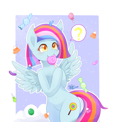 Size: 1800x1900 | Tagged: safe, artist:pika-chany, oc, oc only, oc:dolly flash, pegasus, pony, bipedal, candy, candy corn, food, lollipop, question mark, solo, spread wings