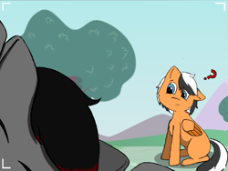 Size: 741x556 | Tagged: safe, artist:onyxpenstroke, derpibooru exclusive, oc, oc only, oc:onyx penstroke, oc:renard prower, pegasus, pony, blurry background, camera shot, colored wings, confused, excited, eyes closed, floppy ears, folded wings, fourth wall, head tilt, missing cutie mark, mountain, multicolored hair, multicolored wings, question mark, screencapped background, sideways glance, sitting, tree