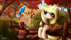 Size: 1920x1080 | Tagged: safe, artist:aurelleah, oc, oc only, oc:sweet sunrise, bird, autumn, bow, chest fluff, clothes, commission, cute, ear fluff, fence, floppy ears, fluffy, forest, hair bow, happy, leaves, looking away, magic, scarf, seeds, smiling, solo, tree