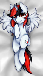Size: 519x900 | Tagged: safe, artist:crystalfilth, oc, oc only, oc:blackjack, alicorn, pony, unicorn, fallout equestria, fallout equestria: project horizons, alicorn oc, body pillow, body pillow design, cute, fanfic, fanfic art, female, hooves, horn, lying down, mare, on back, pillow, solo, spread wings, wings