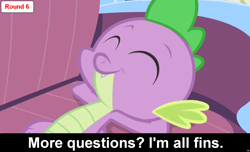 Size: 1600x973 | Tagged: safe, spike, dragon, comic:celestia's servant interview, caption, cs captions, eyes closed, interview, sofa, solo