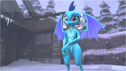 Size: 7690x4330 | Tagged: dead source, safe, artist:nicolovisky, princess ember, dragon, 3d, absurd resolution, claws, dragon wings, dragoness, female, forest, horns, snow, solo, spread wings, tree, wings