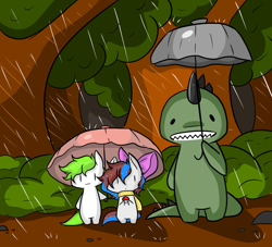 Size: 1024x931 | Tagged: safe, artist:myumimon, oc, oc only, oc:bing, oc:breezy, oc:jeef, bingzy, cute, my neighbor totoro, pokéball, rain, umbrella
