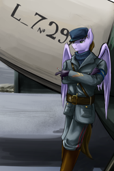 Size: 960x1440 | Tagged: safe, artist:d-lowell, oc, oc only, oc:thunder chaser, anthro, pegasus, air force, anthro oc, boots, cigarette, clothes, commission, gloves, hat, leaning, male, plane, smoking, stallion, uniform