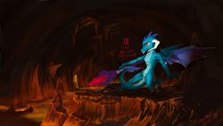 Size: 2195x1235 | Tagged: safe, artist:skrapbox, dragon lord ember, princess ember, dragon, bloodstone scepter, claws, dragon wings, dragoness, female, horns, lava, magma, pointing, queen, solo, spread wings, wings, wip