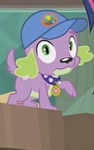 Size: 135x214 | Tagged: safe, screencap, sci-twi, spike, spike the regular dog, twilight sparkle, dog, equestria girls, legend of everfree, cap, hair, hat, looking at you, picture for breezies, solo focus